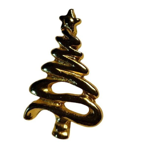 Vintage Gold Tone Christmas Tree Lapel Pin Brooch Zig Zag Star Holiday Pinback - Picture 3 of 5